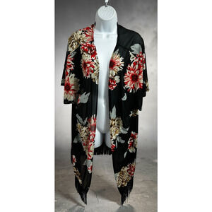 Siren Lily Kimono Boho Open Top Sz 2X Black Floral Mesh Fringe Hem Short Sleeve